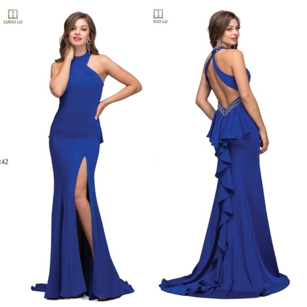 Lucci Lu 8242 Royal Blue Beaded‎ Open Back Gown NWT Size 14